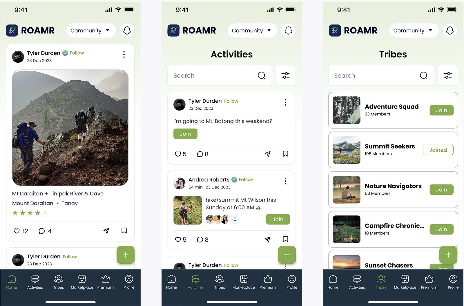 ROAMR app screens showing the social feed, activity selection, and Tribes page